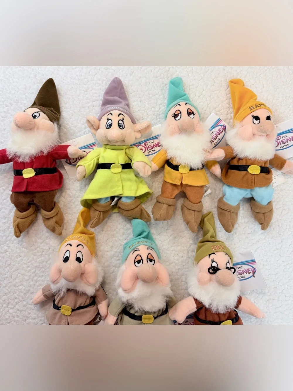 (VTG NWT) DISNEY • 1997 Complete Snow White Seven Dwarfs Plush Set w/ Bag